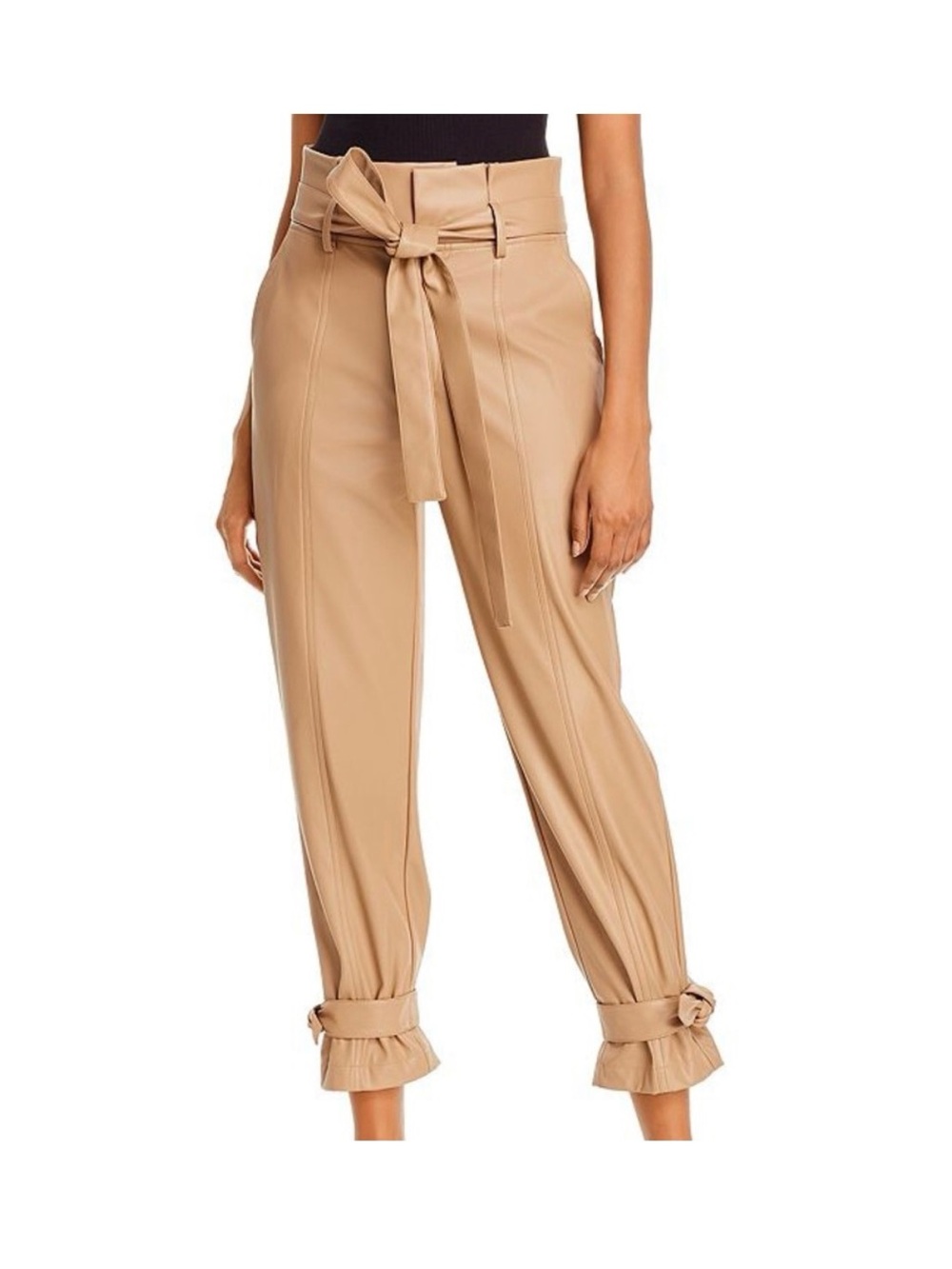 Lucy Paris Tan Paperbag Tie-Waist Cropped Faux Leather Pants sz m